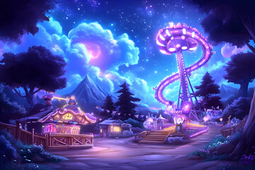 Nighttime fantasy amusement park, mountain backdrop, whimsical village