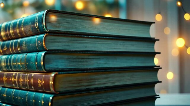 Stack of vintage books against a bokeh background with warm lighting International Public Domain Day