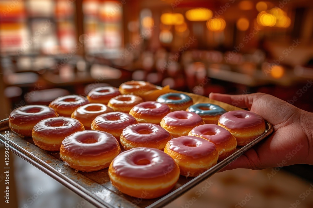 Poster a tempting array of glazed donuts on a tray, held up for display, with a warm, inviting ambiance in 