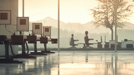 Futuristic Automation  Sleek Robots in Modern Office with Scenic View