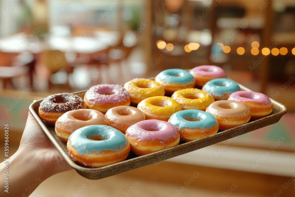 Poster a tempting array of colorful glazed donuts, artfully arranged on a tray held by a hand, set against 