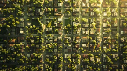 Bird-eye view of a modern metropolis, symmetrical streets intersecting with tall buildings, urban parks breaking the grid, sunlight glinting off windows