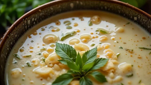 Creamy Potato Soup Recipe Garnish with Fresh Basil in a Bowl Delicious Food