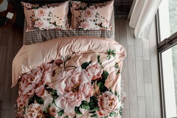 Cozy luxury bedding linen set with pink and white peonies surround