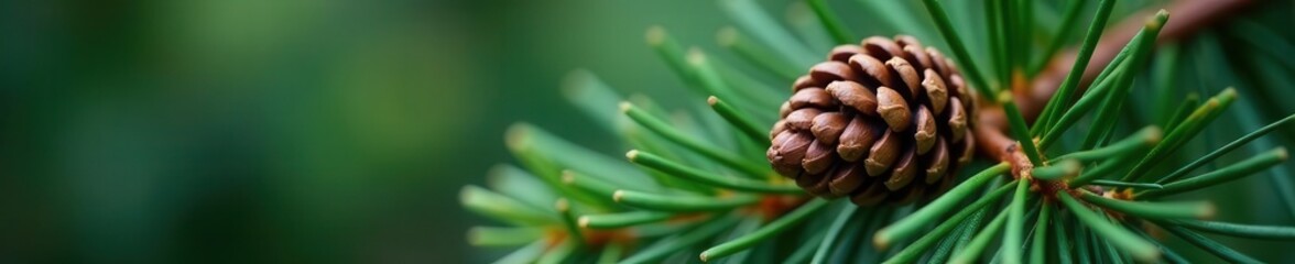 Fototapeta premium Close-up of a fir branch's details; a prominent pinecone nestled amongst needles , forest, needles, pine