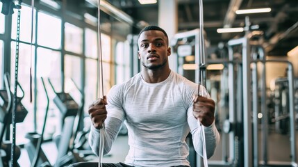 A man using resistance bands for a full-body workout in a modern gym.