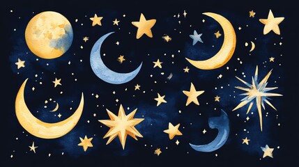 Naklejka premium Watercolor, white background isolated. Watercolor collection of sun, moon and stars on isolated white background. sky watercolur. Celestial bodies and stars on a starry night.