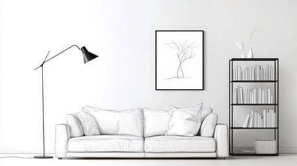 Modern Minimalist Living Room Sketch  Sofa  Bookshelf  Lamp  Art