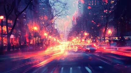 Obraz premium Blurred urban street scene, a mix of soft streaks from traffic lights and glowing storefronts, silhouettes of streetlamps and trees framing the scene 