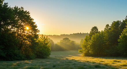 Obraz premium Scenic Sunrise Over Misty Forest with Golden Light