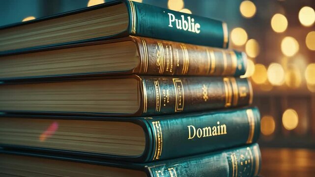 Stack of books with public domain text against blurred lights background International Public Domain Day