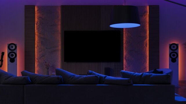 Experience the dynamic transformation of a living room as various lighting modes seamlessly shift, creating diverse atmospheres to suit any occasion. 3D render