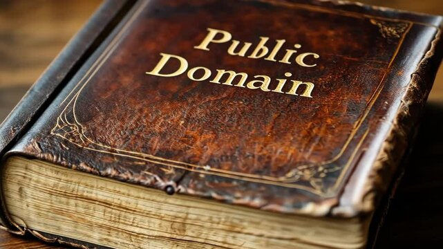 Aged leather book with gold embossed 'public domain' on cover. International Public Domain Day