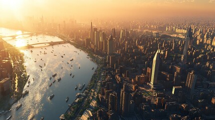 Obraz premium Cairo downtown skyline as seen from above, the Nile River winding through the heart of the city, modern architecture blending with traditional structures, sunlit reflections shimmering on the water