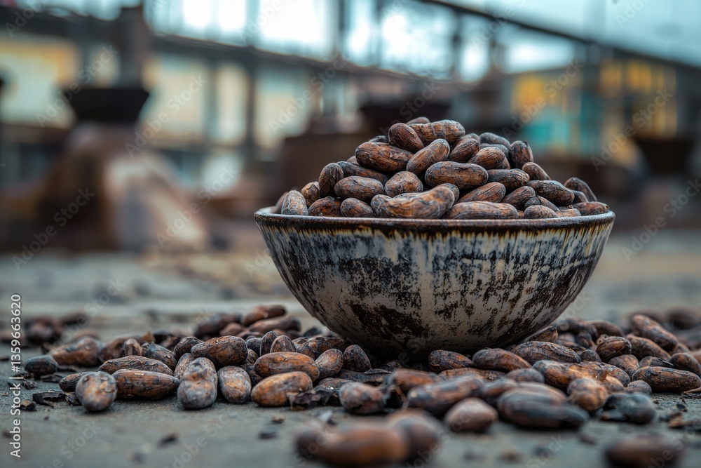 Poster abundant raw cocoa beans overflowing from a rustic bowl, placed on a textured surface, with an indus