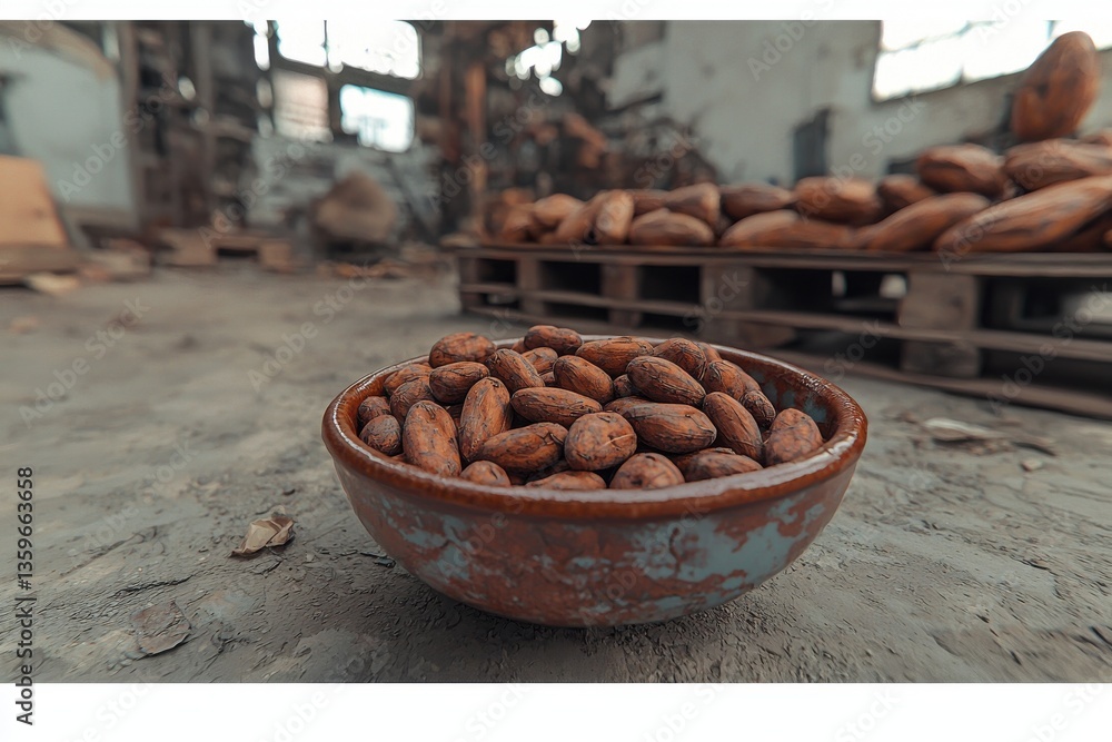 Aufkleber a rustic bowl of raw cacao beans is in the foreground, while a wooden pallet loaded with more beans 