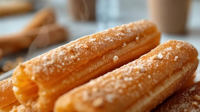 Delicious Golden Brown Sugar Churros Dessert Pastry Treats Stacked on Plate