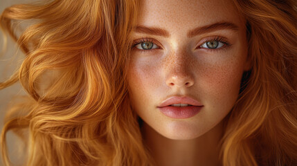 Naklejka premium Beautiful portrait of a young woman with flowing red curls and striking blue eyes in soft natural light