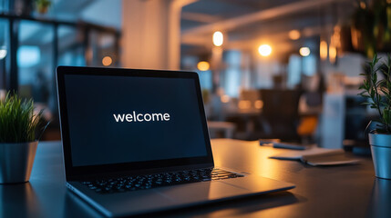 Modern workspace featuring a laptop displaying a welcome message with indoor plants in a well-lit office environment