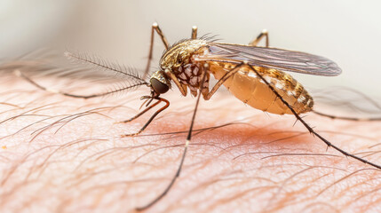 Detailed close-up of a mosquito feeding on human skin in a domestic setting during daylight