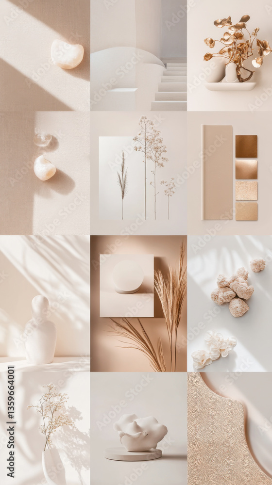 Poster elegant display of minimalist decor with natural elements in soft beige tones and gentle shadows