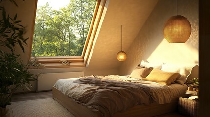 Fototapeta premium Charming attic bedroom with slanted ceilings, soft pendant lights creating a golden glow, a skylight overlooking the trees, a bed dressed in warm neutral tones 