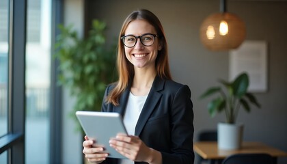 Obraz premium Woman in Office Holding Tablet with a Smile