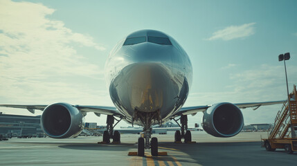 Naklejka premium Airplane preparing for departure at airport during sunny afternoon with maintenance crew present
