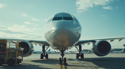 Naklejka premium Airplane preparing for departure at airport during sunny afternoon with maintenance crew present