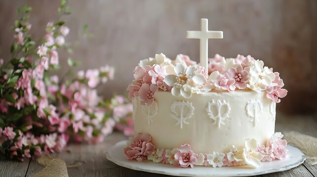 A christening cake with floral decorations and cross symbols for a joyous occasion.