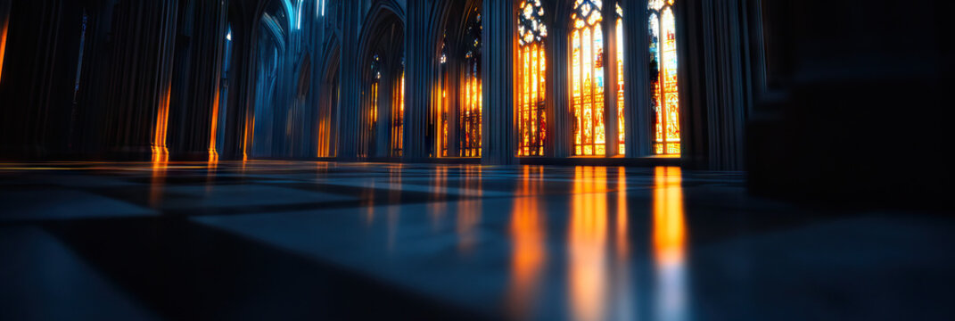 Interior View of Gothic Architecture with Stained Glass Windows