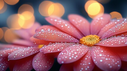 Fototapeta premium **Close-up of raindrops delicately balanced on vibrant petals, with soft-focus bokeh lights in the background creating a dreamy atmosphere.