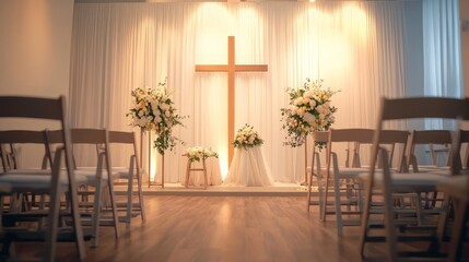 An elegant, intimate christening ceremony with soft lighting and minimal decoration.