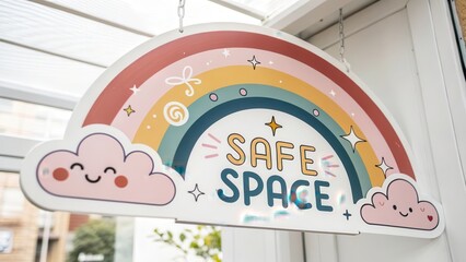 Colorful sign reading "Safe Space" with a rainbow and cute cloud designs.