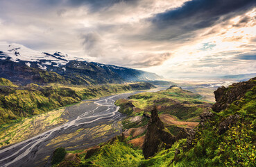 Valahnukur viewpoint hiking trail with mountain valley and krossa river in icelandic highlands at Thorsmork, Iceland