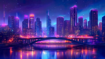 Obraz premium City skyline at night featuring iconic skyscrapers glowing with soft light, bridges illuminated over a quiet river, a gradient of dark blues and purples in the sky 