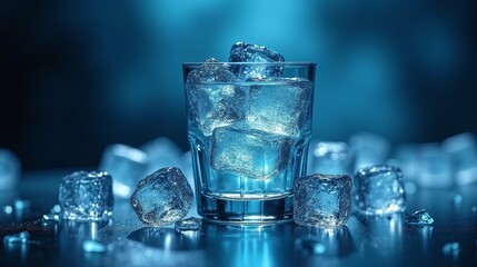 A glass filled with ice cubes against a blue background.