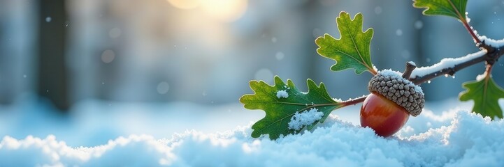 Obraz premium Frozen oak bough, single acorn, snowy scene, blank space , copy space, detail