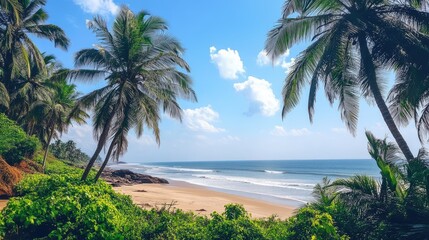 Fototapeta premium A beautiful beachside view with coconut trees swaying under a sunny blue sky.