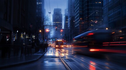 Obraz premium City street captured in motion blur, bright trails of light from vehicles contrasting with the soft glow of streetlights, faint outlines of high-rise buildings framing the vibrant scene 