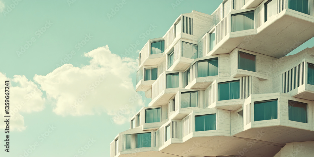 Aufkleber Abstract image of a modern building against a pale sky, showcasing its unique architectural design with numerous balconies and windows, creating a sense of complexity and intrigue
