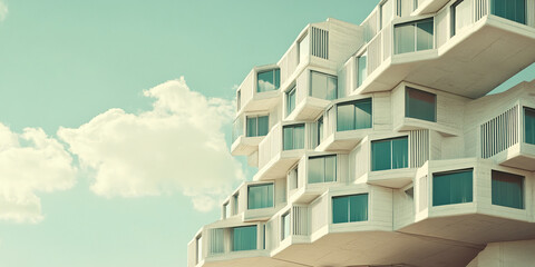 Abstract image of a modern building against a pale sky, showcasing its unique architectural design with numerous balconies and windows, creating a sense of complexity and intrigue