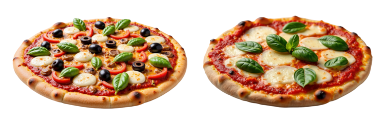 Deliciously Crafted Pizzas with Fresh Ingredients: A Mouthwatering Display of Traditional Italian Flavors Featuring Tomato, Basil, and Cheese on a Rustic Crust