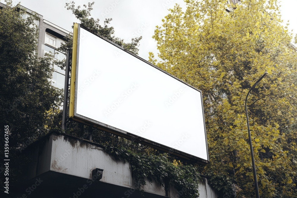 Poster vibrant color visual of a billboard that is on a building with trees in the background