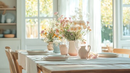 A bright, airy dining space featuring a wooden table covered in a pastel-colored tablecloth with fresh flowers and ceramic tableware.
