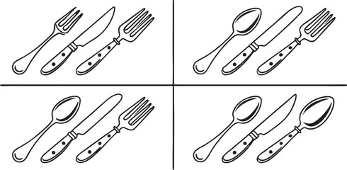 A set of shiny silver kitchen cutlery including fork, spoon, and knife, isolated on white