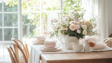 Fototapeta premium A bright, airy dining space featuring a wooden table covered in a pastel-colored tablecloth with fresh flowers and ceramic tableware.