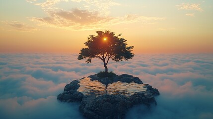 Solitary Tree on a Cloud Island at Sunset