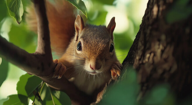 Close-up de um pequeno esquilo em uma &aacute;rvore olhando diretamente para a c&acirc;mera com folhagem verdejante ao fundo, capturado com alta profundidade de campo para amantes da natureza