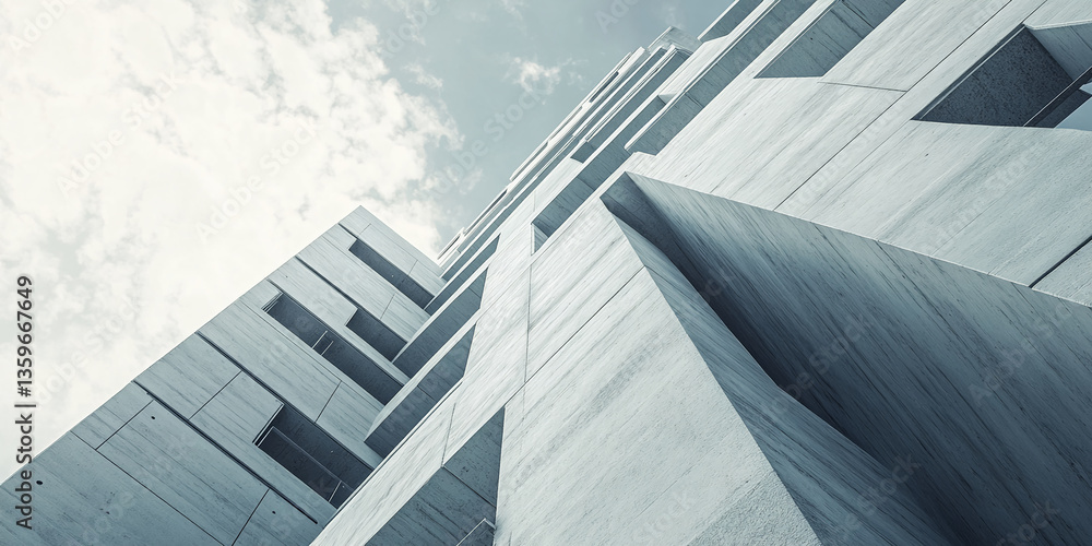 Poster low-angle view of a modern building's facade, showcasing geometric concrete patterns and a clear sky